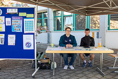 Zwei junge Männer sitzen an einem Tisch. Neben ihnen steht links ein blaues Whiteboard mit Informationen zum Lehrlingsrat