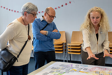 Drei Personen beugen sich über einen Tisch, auf dem Kärtchen ausgebreitet sind. Die beiden linken Personen hören zu, was die rechte Person, eine Frau mit blonden Locken, ihnen erklärt.